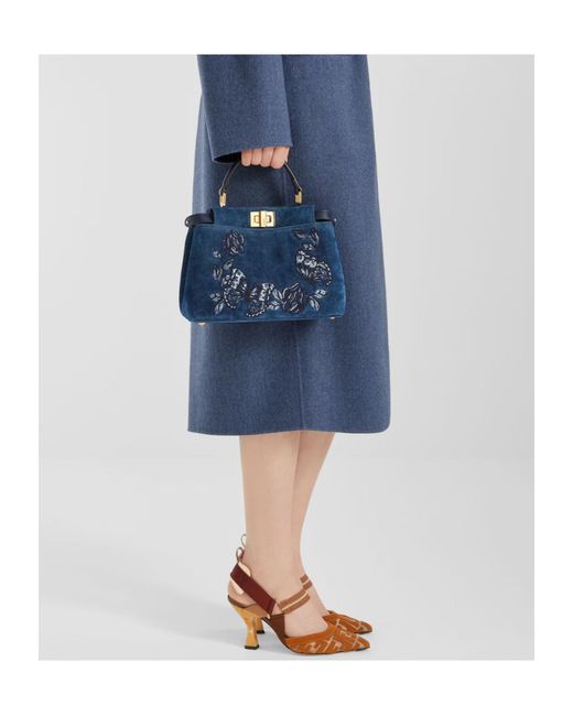 Fendi Blue Mini Peekaboo Floral-Embroidered Denim Tote Bag