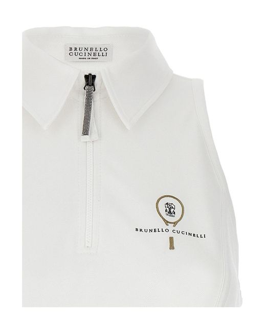Brunello Cucinelli White Logo Embroidered Sleeveless Dress