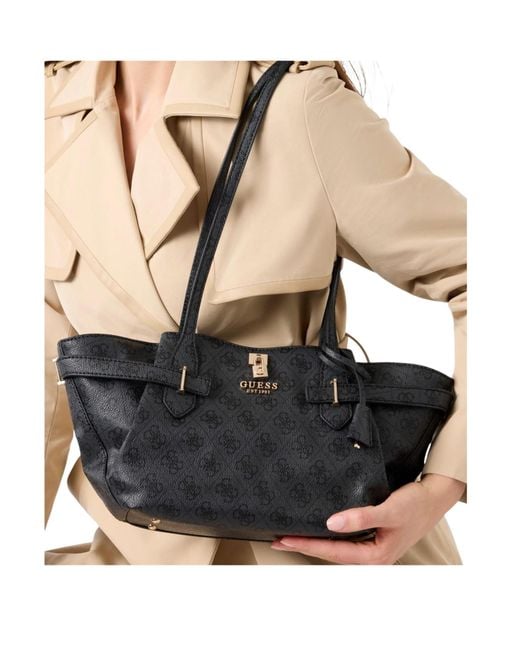 Guess Black Yesba Monogram-Pattern Buckle-Detail Tote Bag
