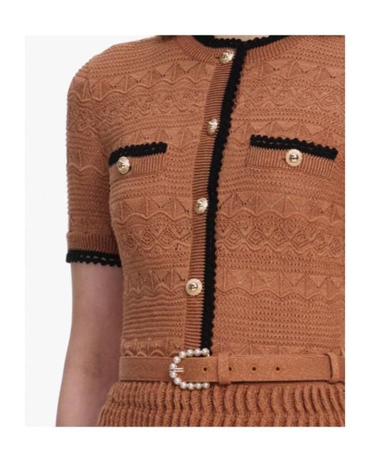 Self-Portrait Brown Belted Crochet-Knit Midi Dress