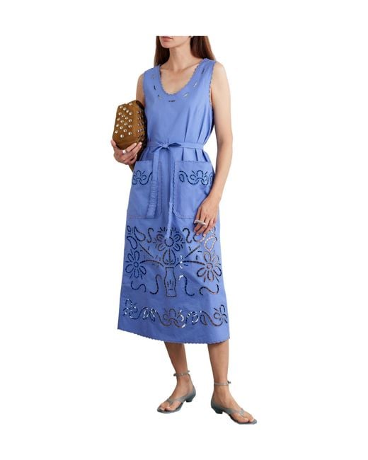 Vita Kin Blue Katya Belted Scalloped Broderie Anglaise Cotton Midi Dress