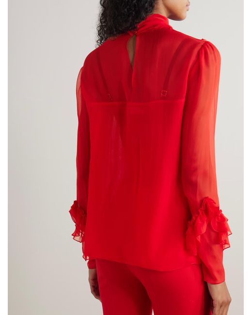 Carolina Herrera Red Tie-Collar Ruffle Shirt