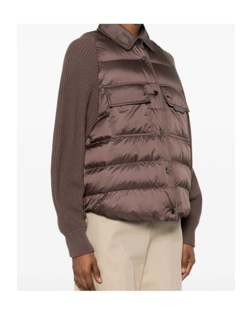 Brunello Cucinelli Brown Quilted-Panel Knit-Sleeve Jacket