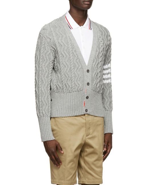 Thom Browne Gray 4-Bar Aran Cable Knit Cardigan for men