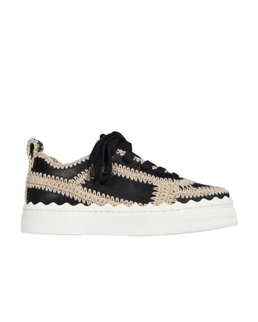 Chloé Black Crochet-Trim Low-Top Leather Sneakers