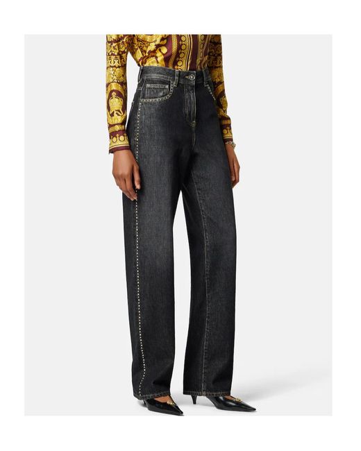 Versace Black High-Waisted Studded Wide-Leg Jeans