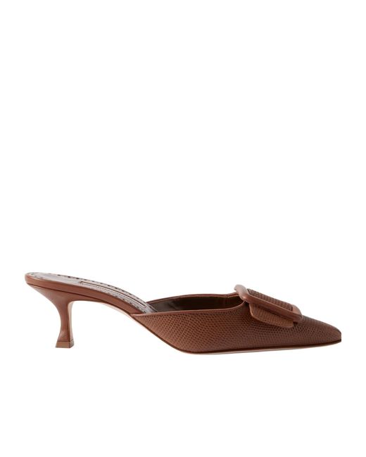 Manolo Blahnik Brown Lizard-Effect Leather Mules