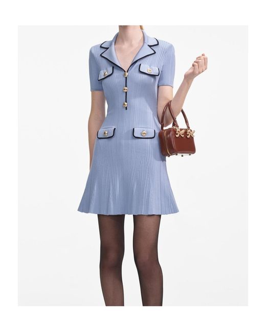 Self-Portrait Blue Short-Sleeved Ribbed Dress
