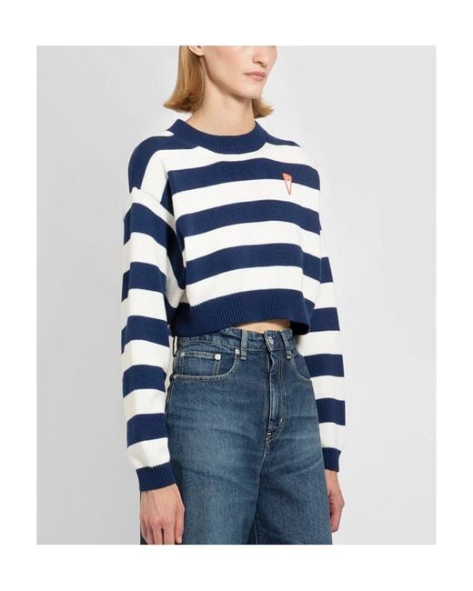 KENZO Blue Logo-Patch Crewneck Striped Cropped Jumper