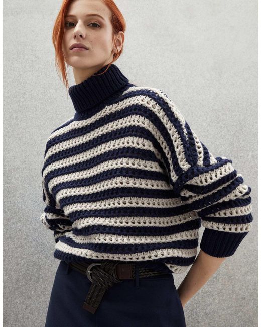Brunello Cucinelli Blue Stripe-Print Turtleneck Jumper