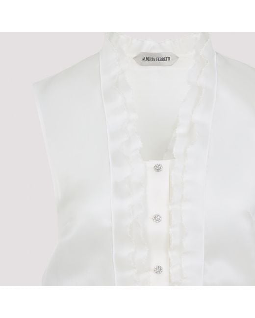 Alberta Ferretti White Ruffled Satin Organza Blouse