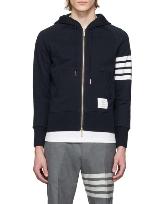 Thom Browne Blue Engineered 4-Bar Zip-Up Drawstring Hoodie for men
