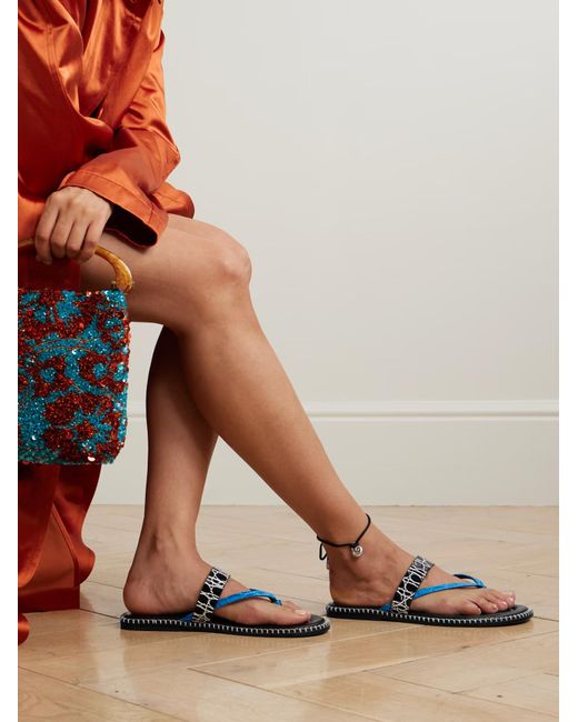 Dries Van Noten Blue Whipstitched Croc-Effect Leather Sandals