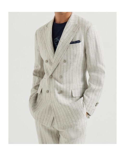 Brunello Cucinelli White Double Breasted Striped Jacket for men