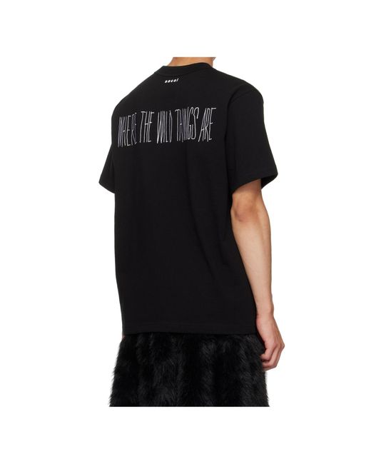 Sacai Black Graphic-Print Cotton T-Shirt for men
