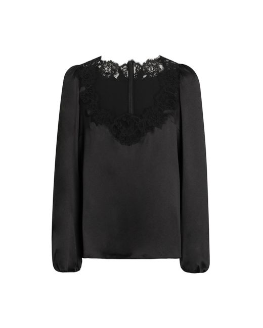Dolce & Gabbana Black Lace-Trim Balloon-Sleeve Silk Blouse