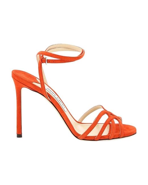 Jimmy Choo Red High-Heeled Sandals Wrapped Around Ankle Straps