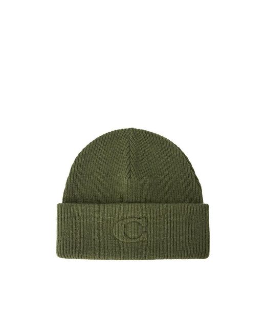COACH Green Signature Embossed Knit Beanie for men