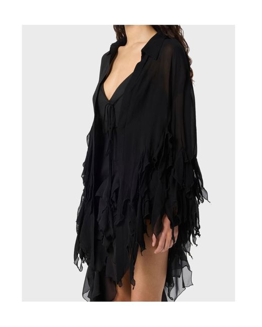 Blumarine Black Sheer Ruffled Tie-Front Top