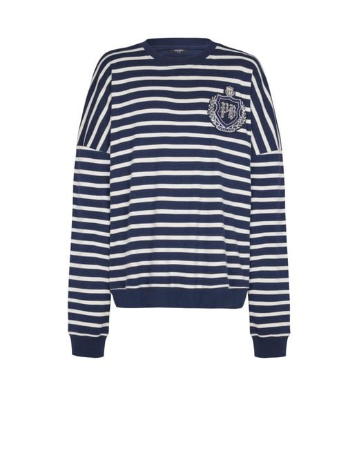 Balmain Blue Cotton College Emblem Sweatshirt With Breton Stripes for men