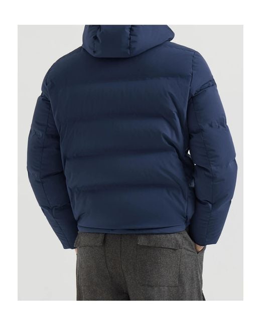 Brunello Cucinelli Blue Stretch Bonded Nylon Down Jacket With Heat-Bonded Seams And Detachable Hood for men