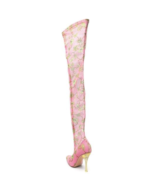 Off-White c/o Virgil Abloh Pink Crystal Floral Mesh Thigh-High Boots