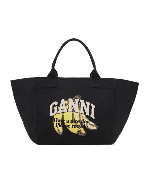 Ganni Black Xxl Banana Printed Tote Bag