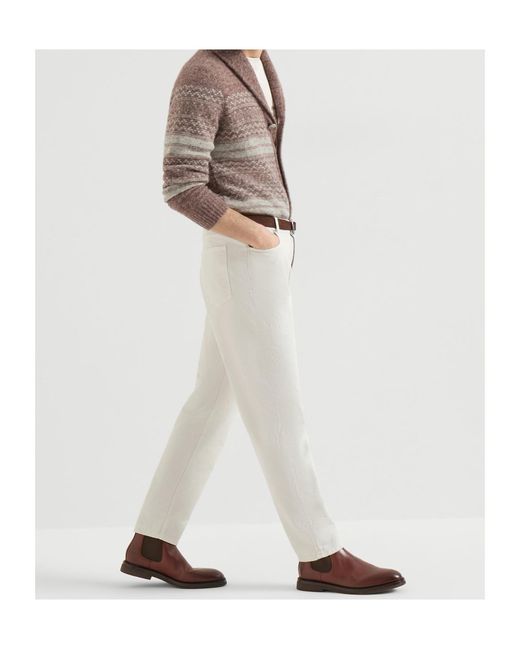 Brunello Cucinelli White Garment-Dyed Denim Iconic Fit Five-Pocket Trousers With Rips for men