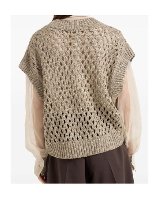 Brunello Cucinelli Gray Open-Knit Sleeveless Top