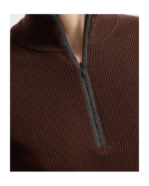 Brunello Cucinelli Brown Virgin Wool And Cashmere Lightweight Ribbed Turtleneck Sweater With Precious Half-Zip