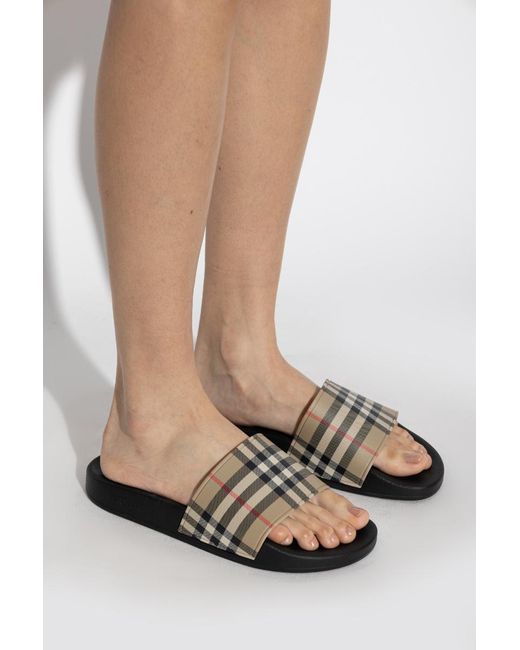 Burberry White Checked Open Toe Slides