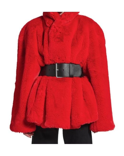 Balenciaga Red Belted Faux Fur Coat