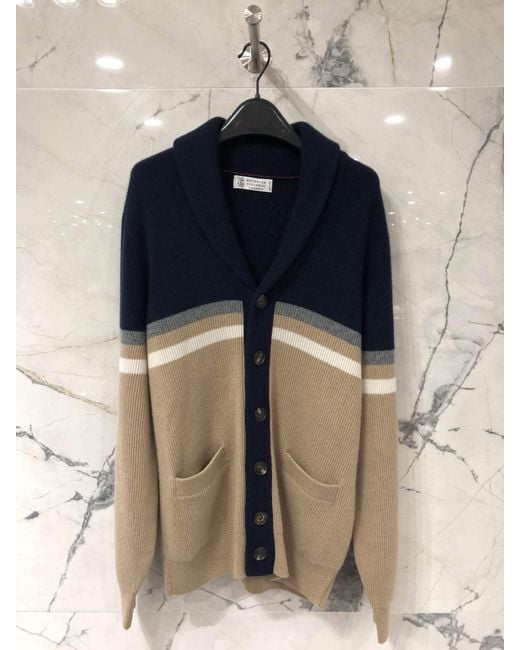Brunello Cucinelli Blue Splicing Design Cardigan for men