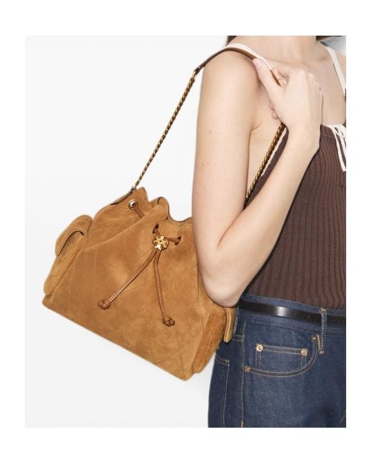 Tory Burch Brown Charlie Quilted Bucket Bag