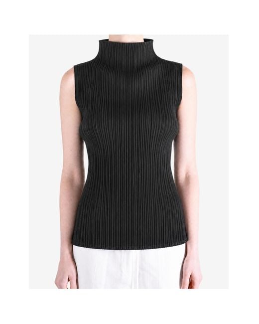Pleats Please Issey Miyake Black Basic Sleeveless Turtleneck Top