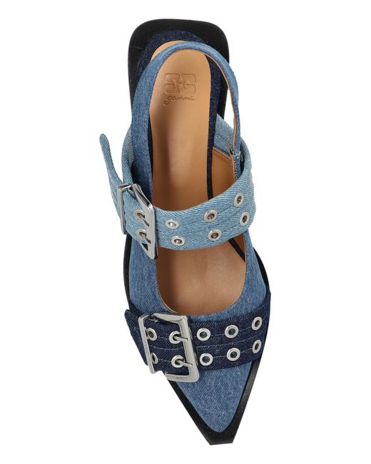 Ganni Blue Buckled Slingback Flat Shoes