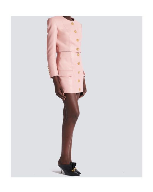 Balmain Pink Buttoned Mini Leather Skirt