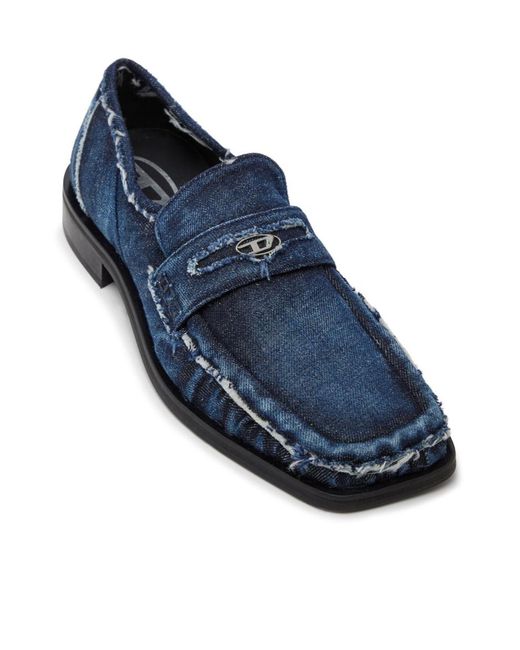 DIESEL Blue D-Amber Distressed Denim Loafers for men