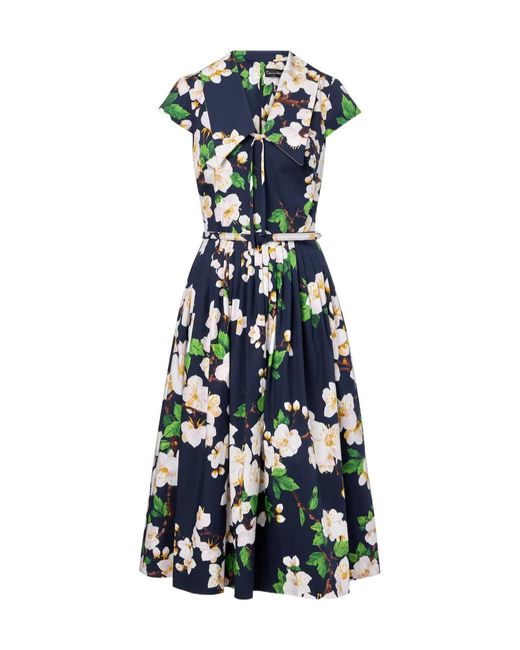 Oscar de la Renta Blue Floral Pleated Cotton-Blend Midi Dress