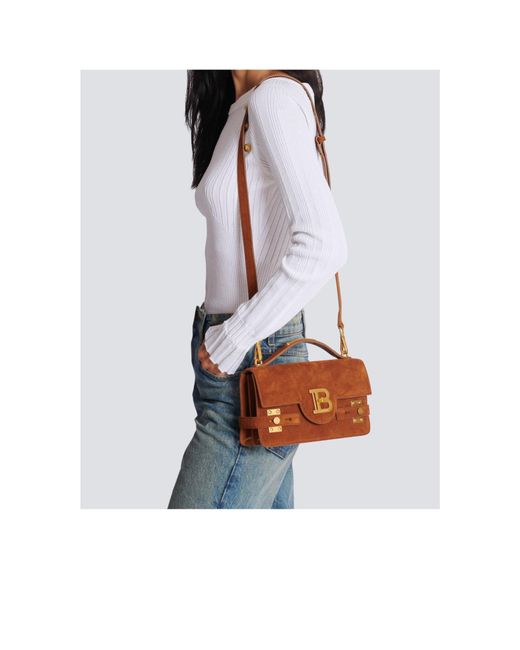 Balmain Brown Suede B-Buzz Shoulder 24 Bag