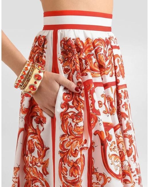 Dolce & Gabbana Red Majolica-Printed Poplin Pleated Midi Skirt
