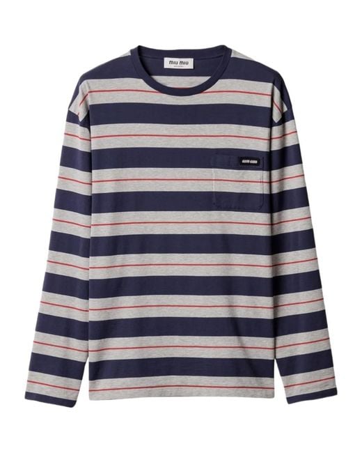 Miu Miu Blue Long-Sleeved Striped T-Shirt