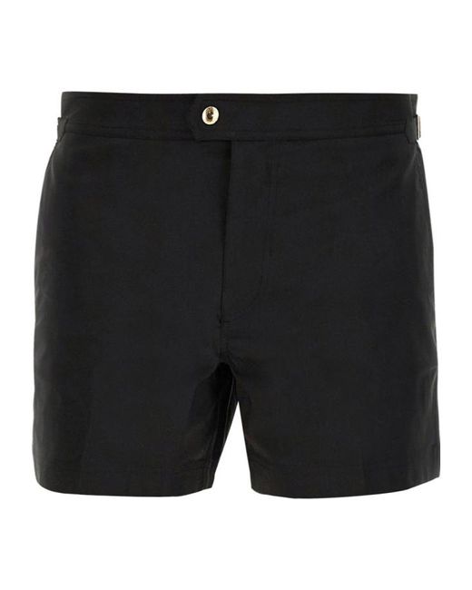 Tom Ford Black Mid-Rise Side Buckled Swim Shorts for men