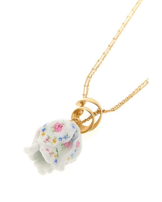 Chloé White Floral-Print Ceramic Pendant Necklace