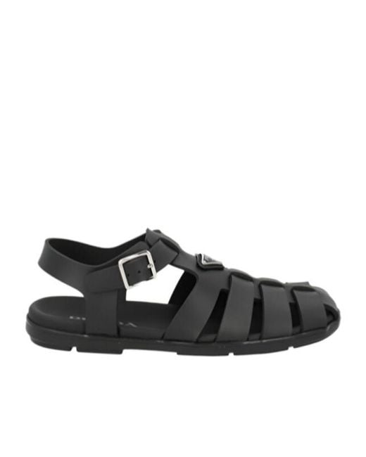Prada Black Logo Plaque Round-Toe Sandals for men