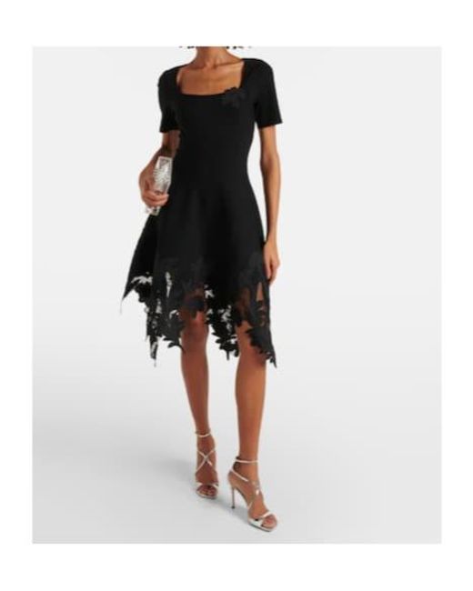Oscar de la Renta Black Lace-Trimmed Knitted Minidress