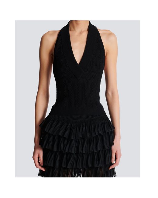 Balmain Black Cable-Knit Openback Top