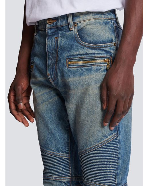 Balmain Blue Vintage Denim Biker Jeans for men