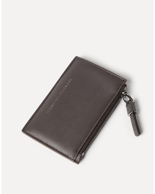Brunello Cucinelli Gray Calfskin Card Case With Shiny Zipper Pull