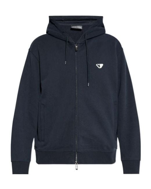 Emporio Armani Blue Logo Embroidered Zipped Drawstring Hoodie for men